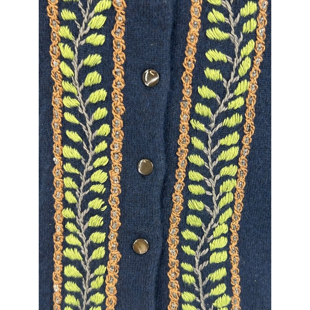 J. Crew Blue Embroidered & Beaded Cashmere Blend Button Front Cardigan • Preppy - Picture 5 of 14